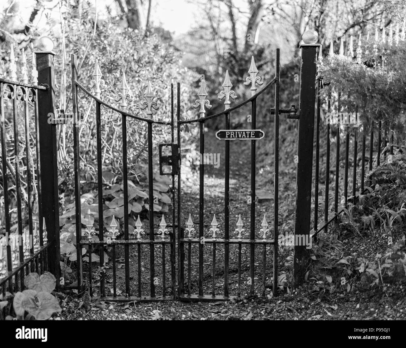Il nero cancello di ferro con accesso privato Foto Stock