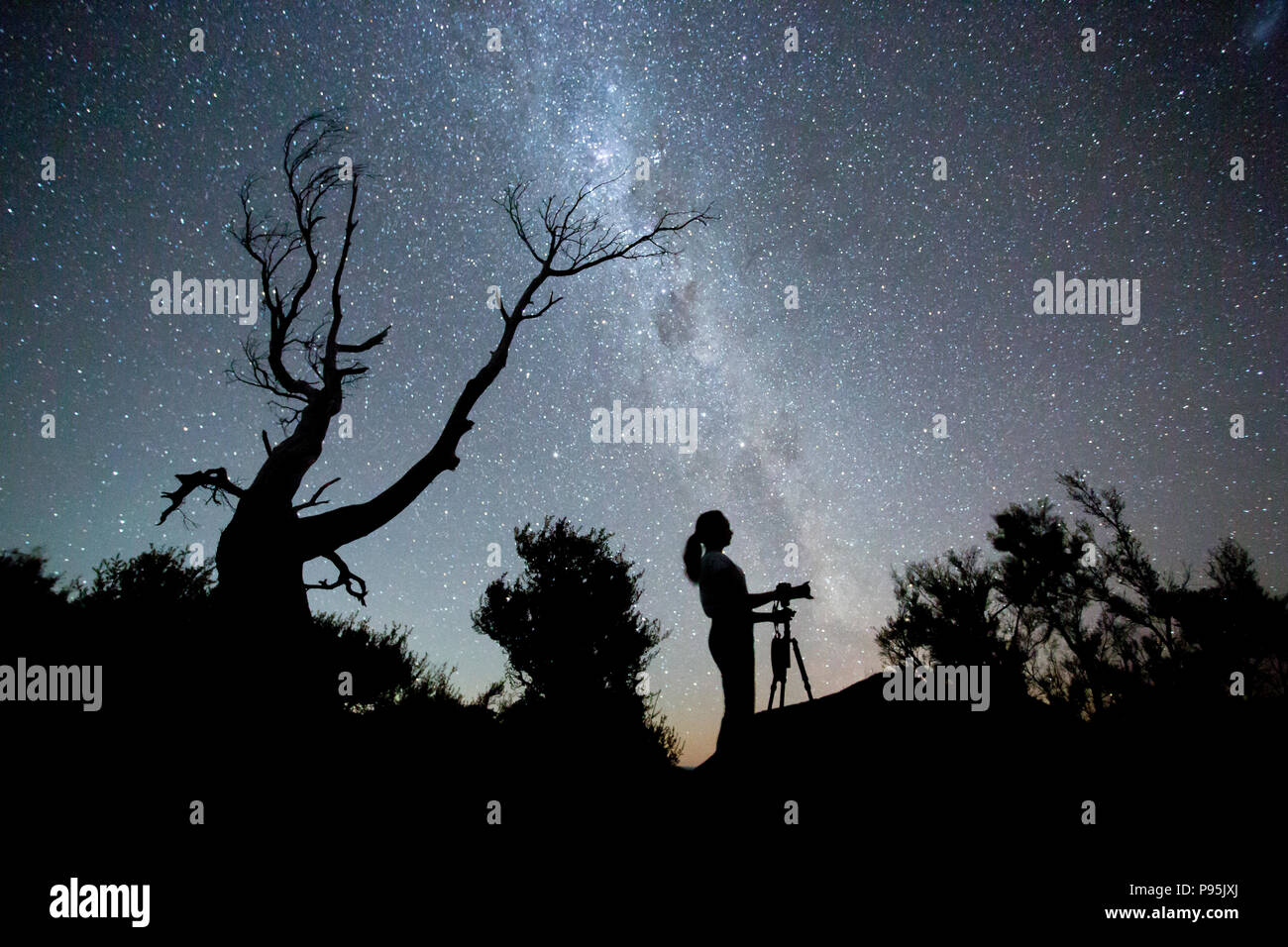 Donna prendendo fotografie sotto un cielo stellato, Nuova Zelanda Foto Stock