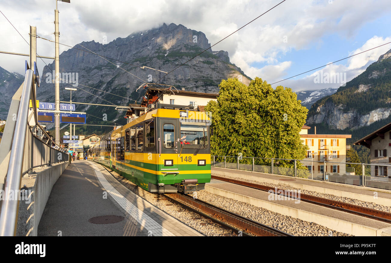 Giallo e verde (Wengernalpbahn Wengernalp Railway) treno per Grund in Grindelwald stazione, regione di Jungfrau, Oberland bernese, Svizzera Foto Stock