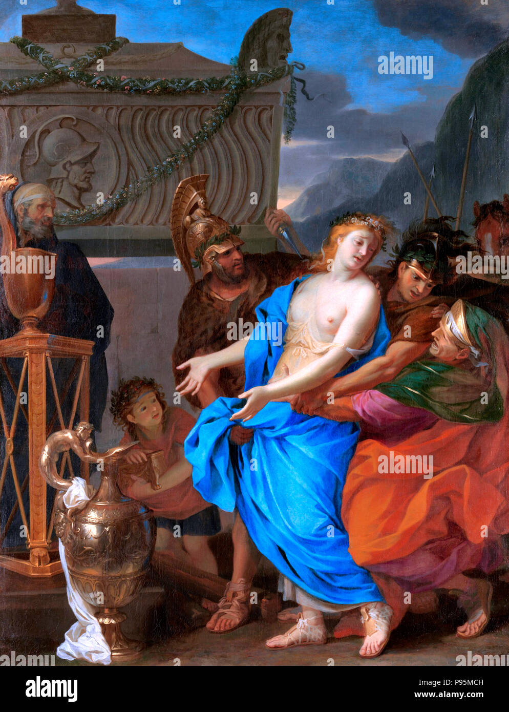 Il sacrificio di Polissena - Come narrato dal poeta romano Ovidio, Polissena è portato alla sua morte all'altare sacrificale per placare il fantasma dell' eroe Achille. Sua madre cerca di frenare il suo mentre il soldato neottolemo solleva la sua spada. Il neonato tenendo un petto di incenso e il sacerdote austero completare questa composizione. Charles Le Brun, 1647 Foto Stock