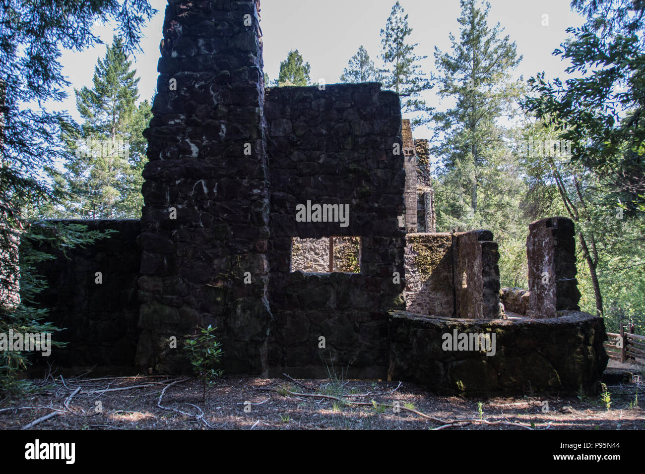La parete e il camino del abbandonato casa di Jack London in Glen Ellen, California, chiamato Casa Wolf. Foto Stock