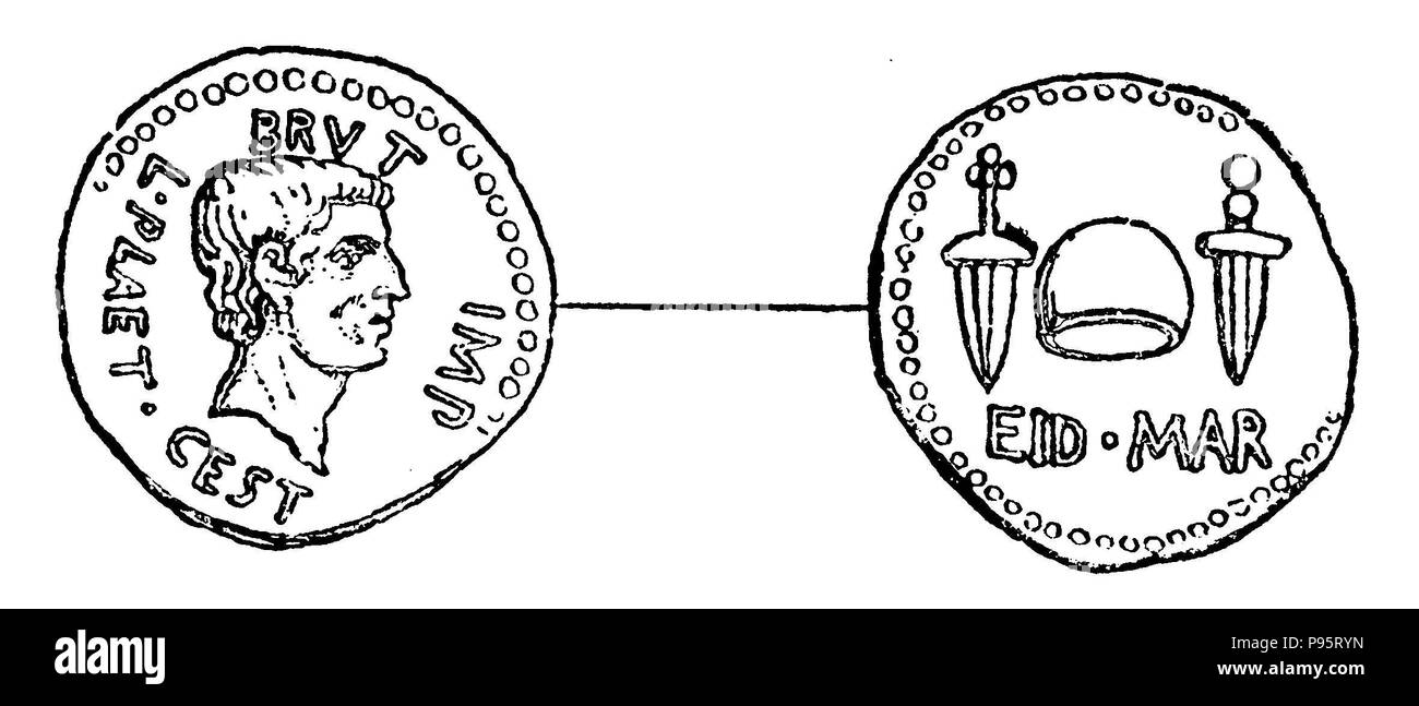 Moneta con l'immagine di Bruto. Contrassegnato dal generale Plaetorius Testianus in Asia. Con due pugnali e la libertà moneta. Tohen, 1899 Foto Stock