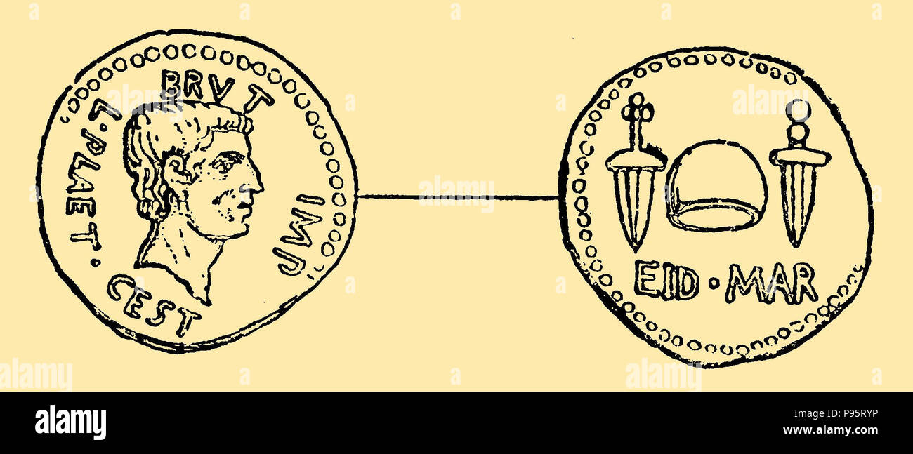 Moneta con l'immagine di Bruto. Contrassegnato dal generale Plaetorius Testianus in Asia. Con due pugnali e la libertà moneta. Tohen, 1899 Foto Stock