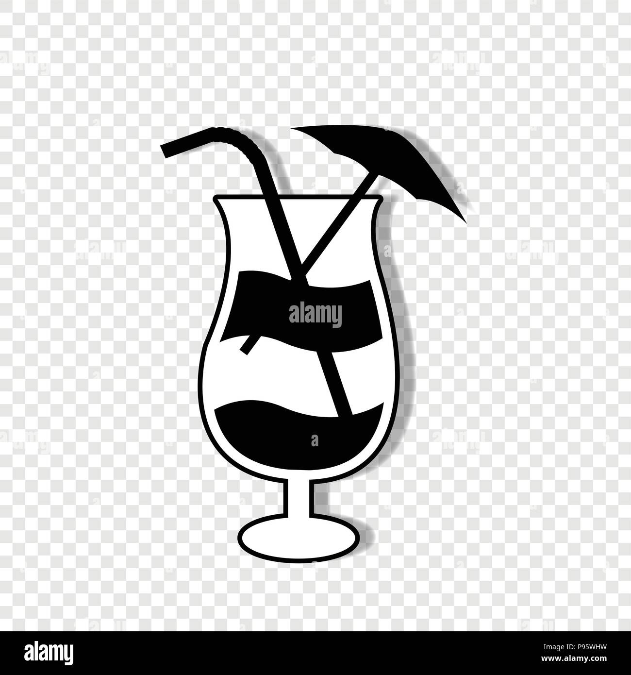 Vettore silhouette nera illustrazione del bicchiere da cocktail con paglia, ombrello e icona di limone isolato su sfondo trasparente. Illustrazione Vettoriale