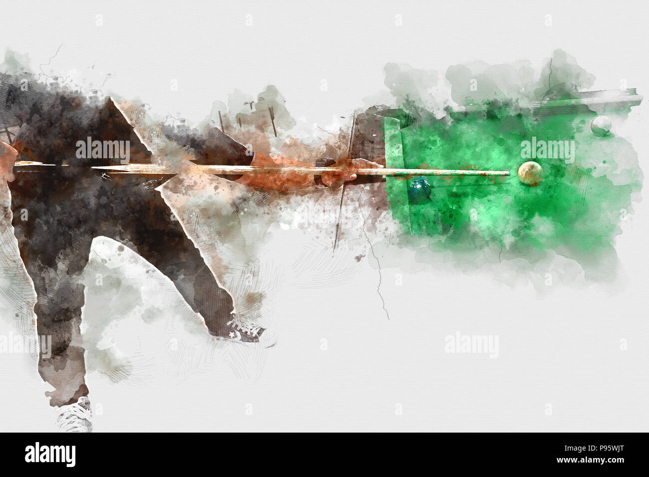 Riproduzione astratta snooker sulla colorata pittura ad acquarello di sfondo e illustrazione digitale spazzola ad arte. Foto Stock