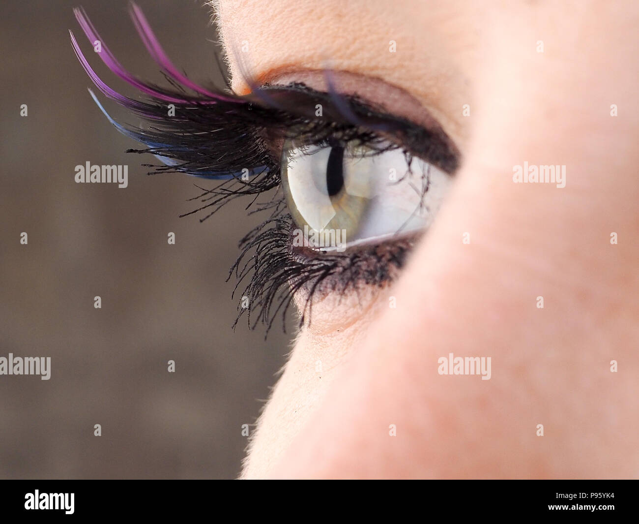 Close-up di occhio, l'occhio umano lateralmente, della ragazza con gli occhi grandi ciglia finte. Foto Stock