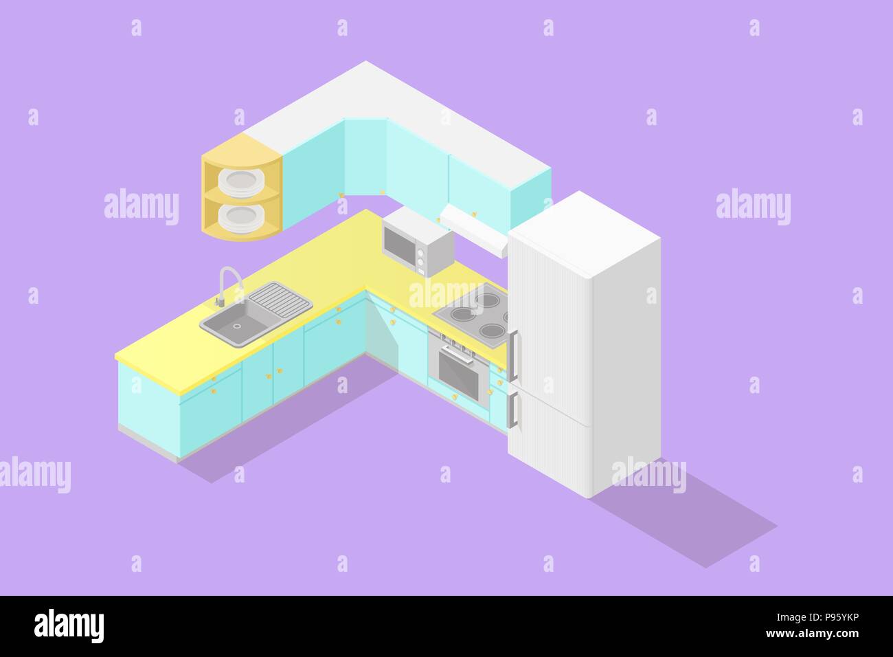 Bassa poli isometrica set da cucina. Icona realistiche. Illustrazione isolato di mobili per cucina ed elettrodomestici Illustrazione Vettoriale