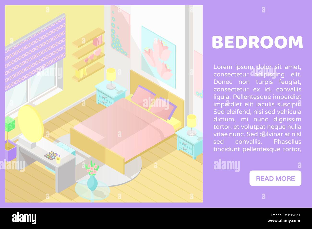 Vettore bassa isometrica poli spaccato illustartion interiore. Camera da letto con letto matrimoniale, comò, comodino e altri mobili in colori pastello. Banner per Illustrazione Vettoriale