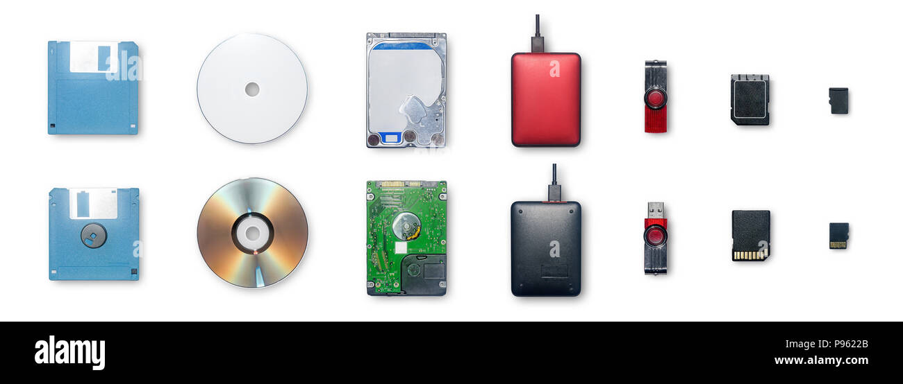 Insieme di apparecchiature per la memorizzazione delle informazioni e un trasferimento o eseguire il backup dei dati i dispositivi per memorizzare i dati sono floppy disk, compact disc, disco rigido esterno, H Foto Stock