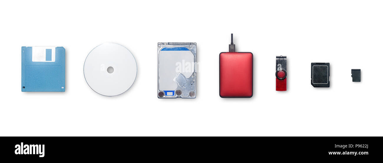 Insieme di apparecchiature per la memorizzazione delle informazioni e un trasferimento o eseguire il backup dei dati i dispositivi per memorizzare i dati sono floppy disk, compact disc, disco rigido esterno, H Foto Stock