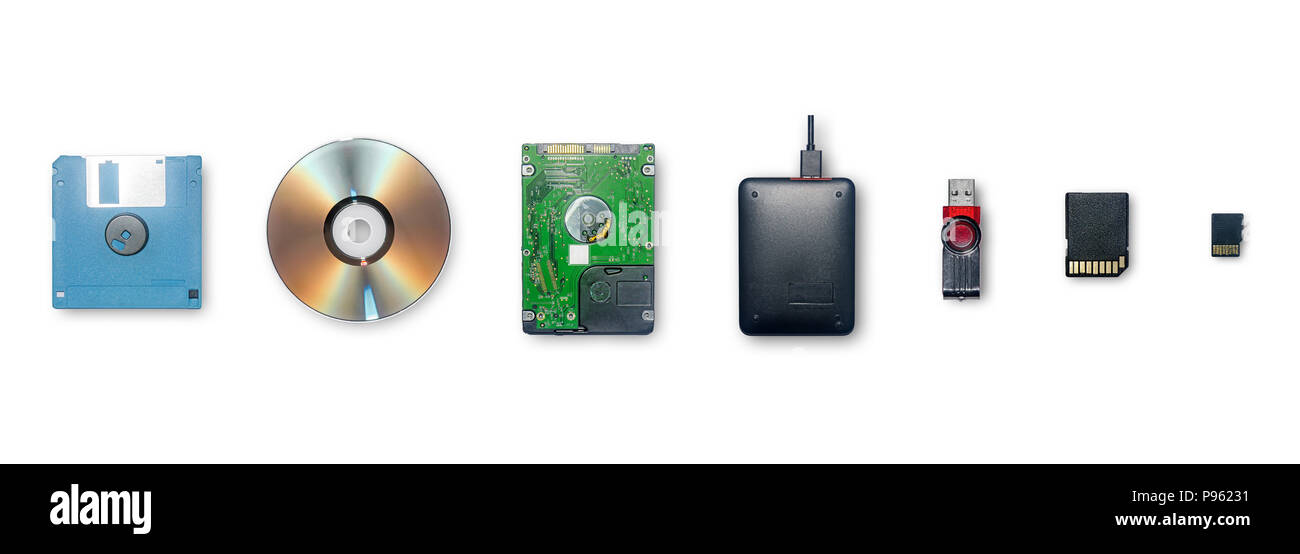 Insieme di apparecchiature per la memorizzazione delle informazioni e un trasferimento o eseguire il backup dei dati i dispositivi per memorizzare i dati sono floppy disk, compact disc, disco rigido esterno, H Foto Stock