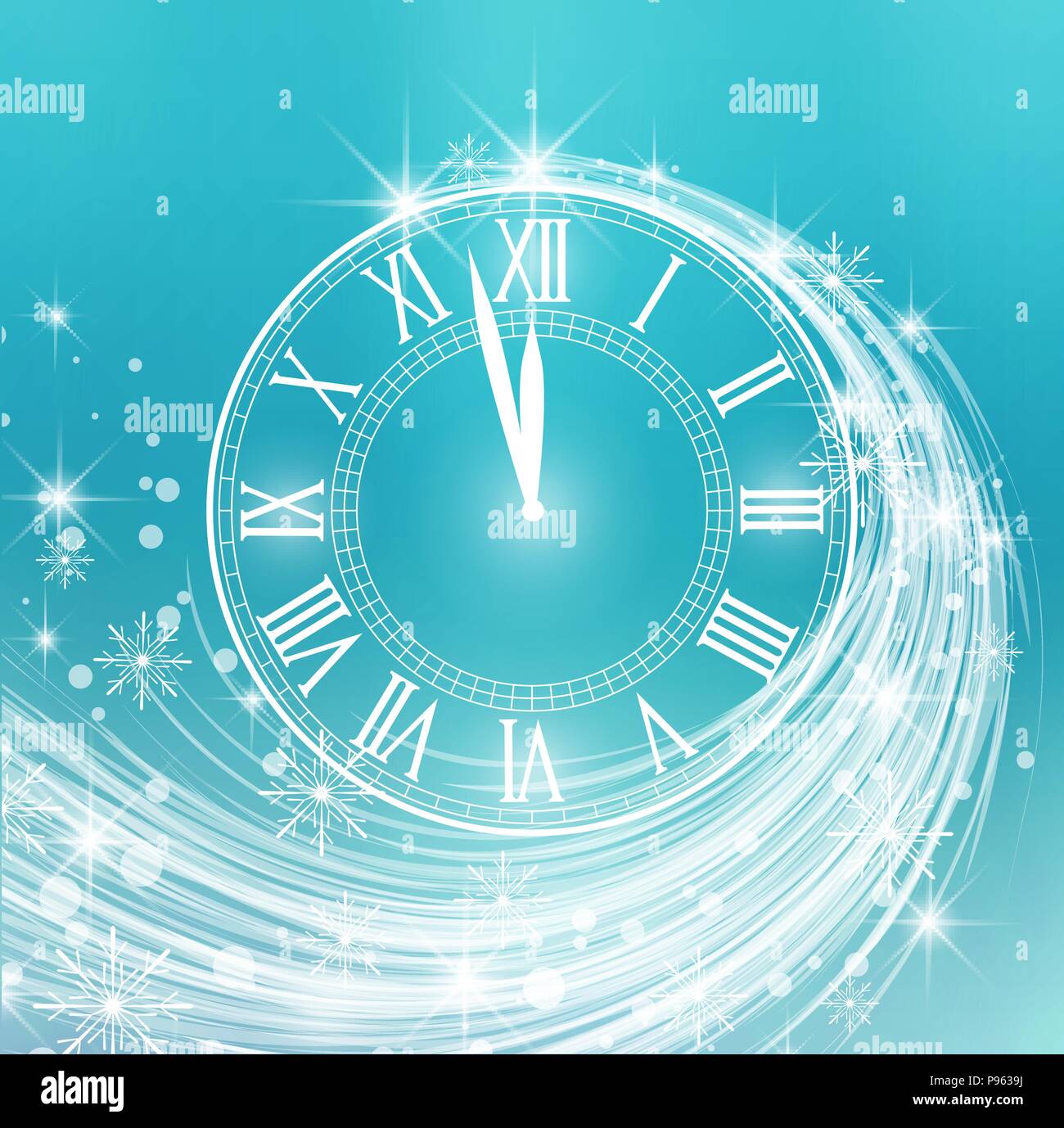 Felice Anno Nuovo, illustrazione vettoriale sfondo di Natale con la neve e orologio Illustrazione Vettoriale