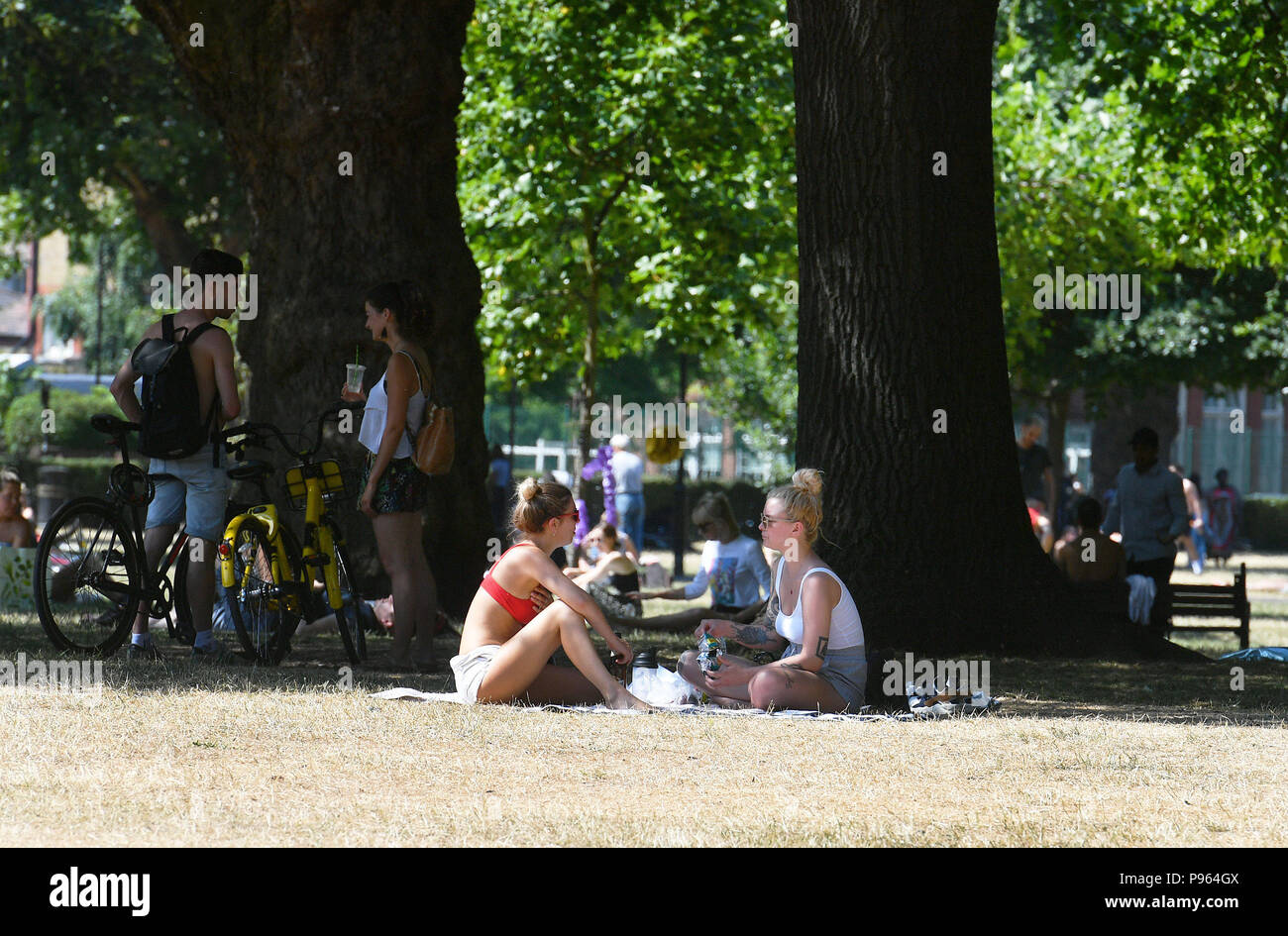 Persone sole in Haggerston Park, a Hackney est di Londra come il clima caldo prosegue attraverso la maggior parte delle parti del Regno Unito. Foto Stock