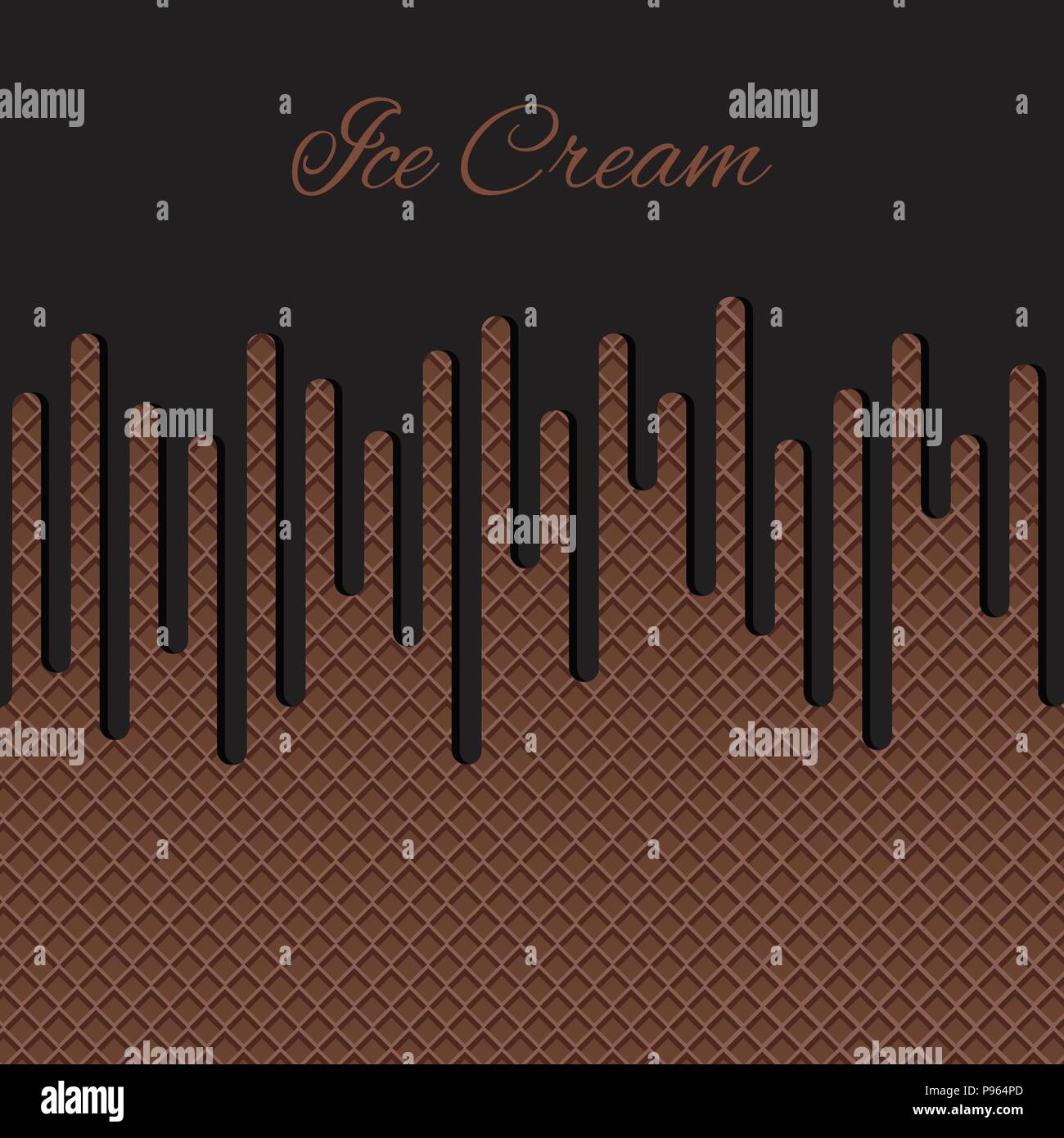 Gelato al cioccolato che scorre sulla texture di cialda di sfondo . Menu di caffè, gelato dessert poster, food packaging design. Illustrazione Vettoriale
