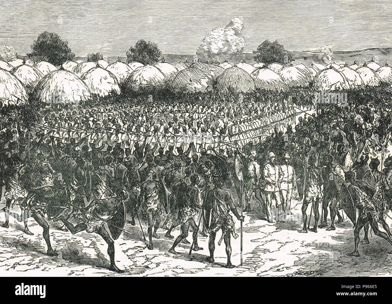 Dimostrazioni ostili, contro Sir Samuel White Baker, Masindi, Uganda, 1873 Foto Stock