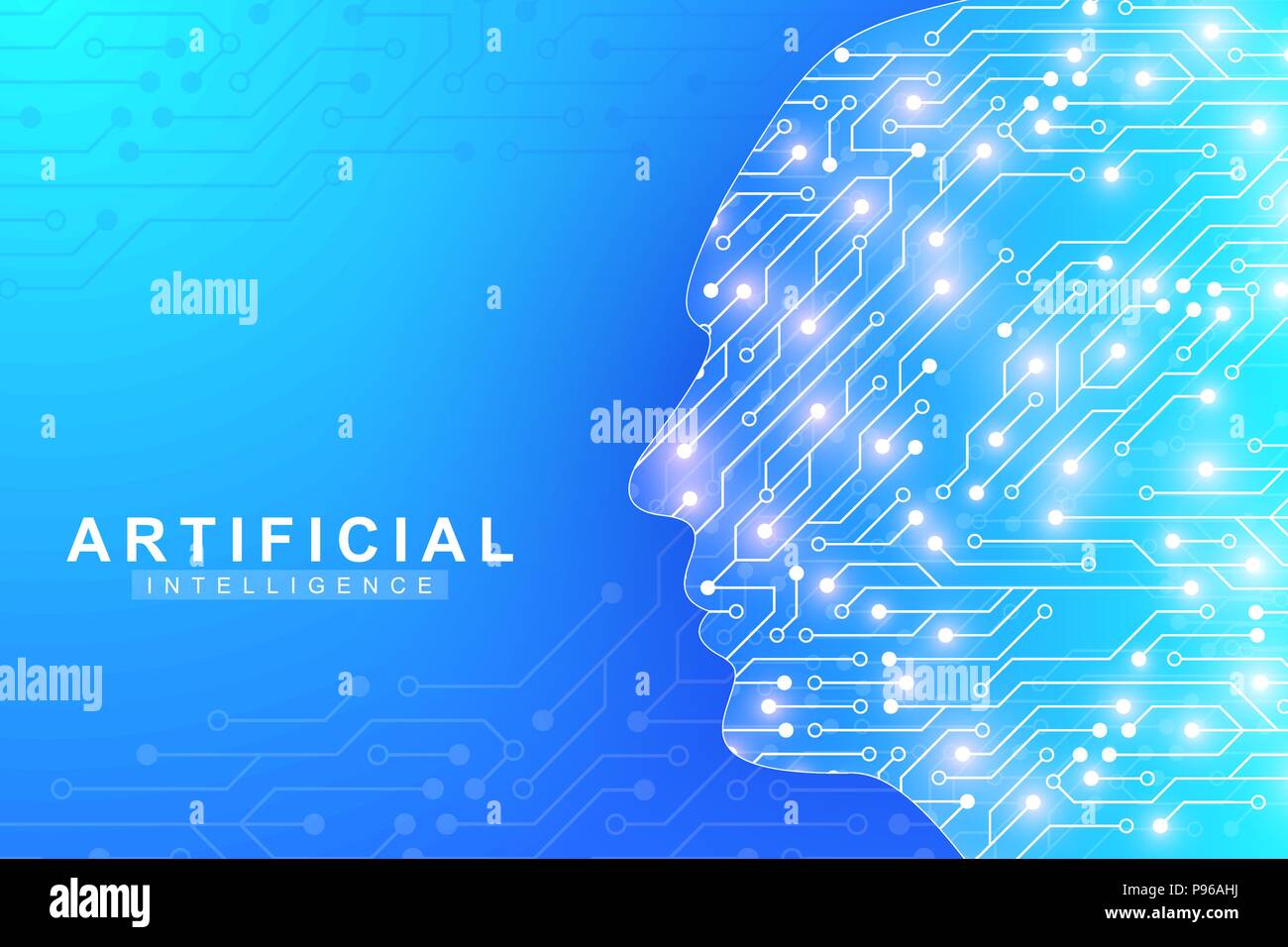 Il futuristico di intelligenza artificiale e macchina il concetto di apprendimento.. Grande umana per la visualizzazione di dati. Flusso d'onda di comunicazione scientifica, illustrazione vettoriale. Illustrazione Vettoriale