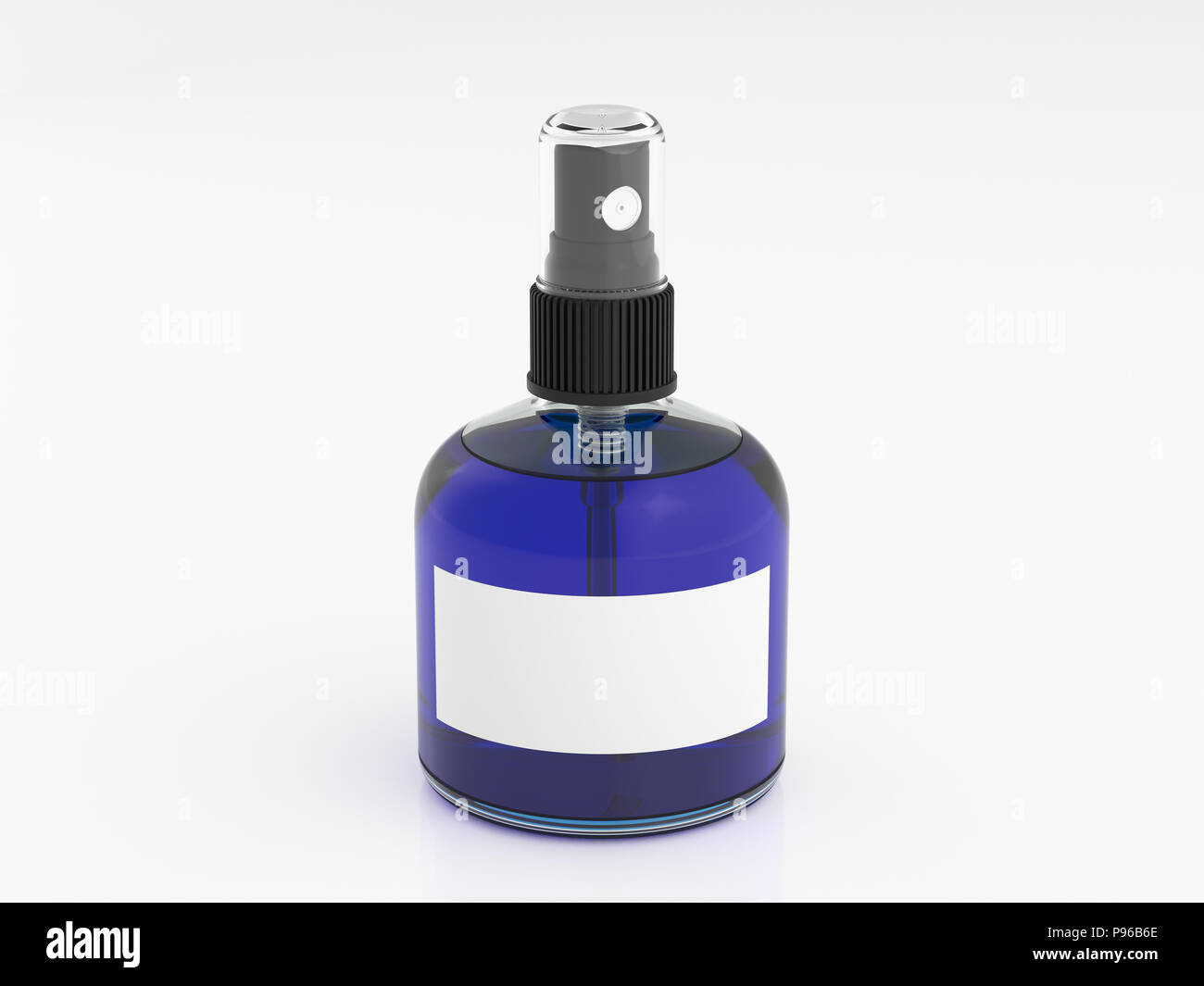 Profumo la bottiglia spray di liquido blu isolato su sfondo bianco. 3D render mockup Foto Stock