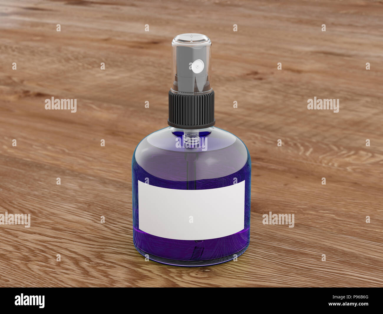 Profumo la bottiglia spray di liquido viola isolato su sfondo di legno. 3D render mockup Foto Stock