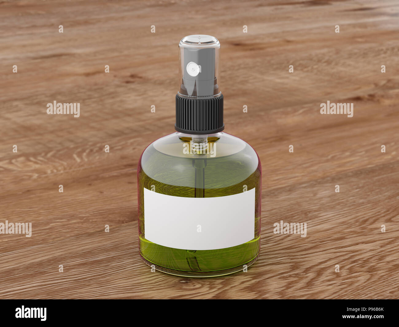 Profumo la bottiglia spray di liquido di oliva isolato su sfondo di legno. 3D render mockup Foto Stock