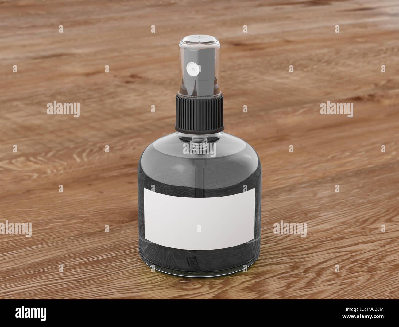 Profumo la bottiglia spray di liquido scuro isolato su sfondo di legno. 3D render mockup Foto Stock
