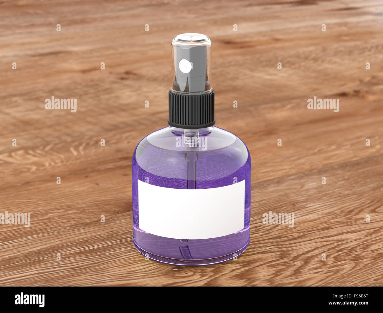 Profumo la bottiglia spray di liquido viola isolato su sfondo di legno. 3D render mockup Foto Stock