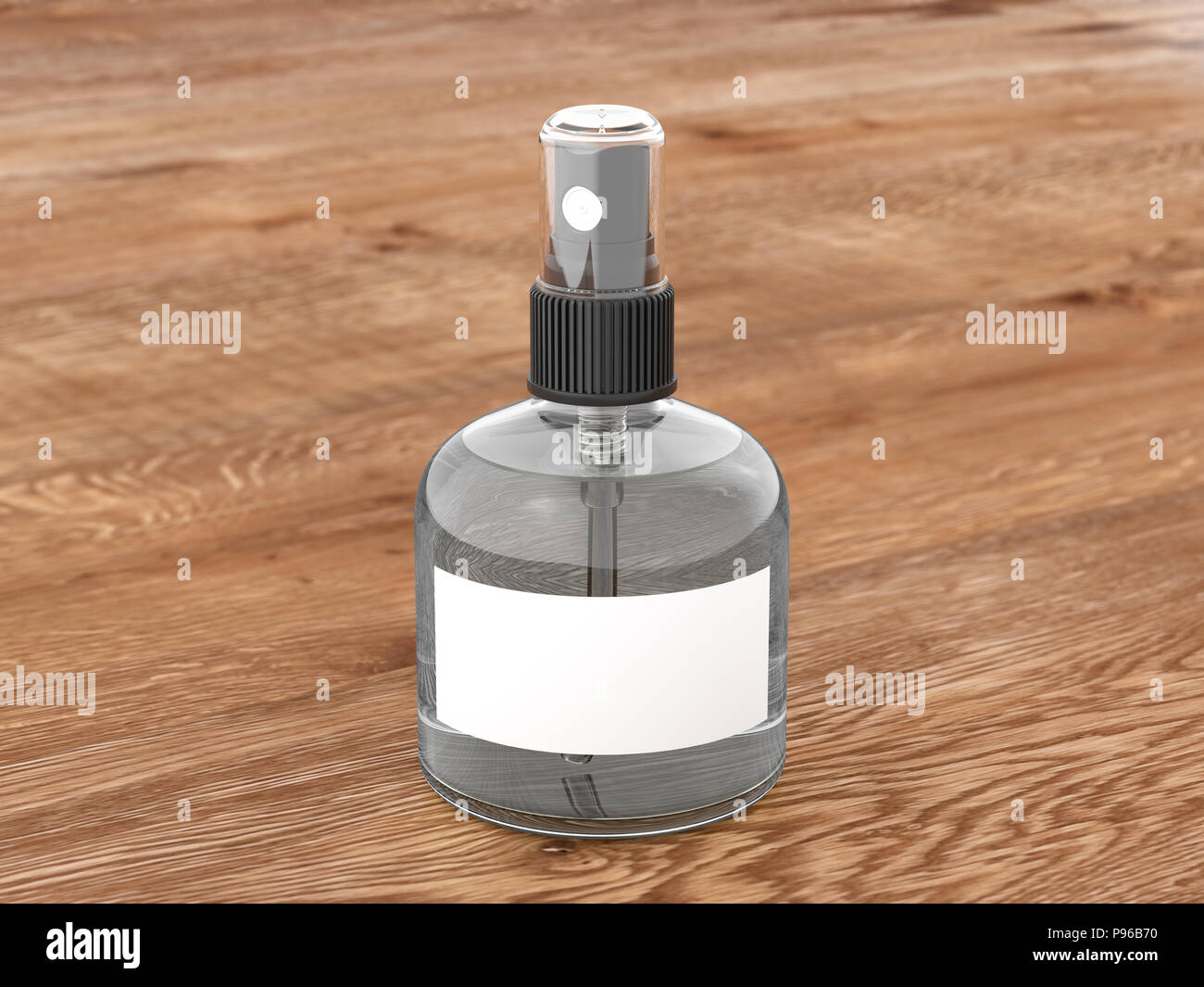 Profumo la bottiglia spray di liquido grigio isolato su sfondo di legno. 3D render mockup Foto Stock
