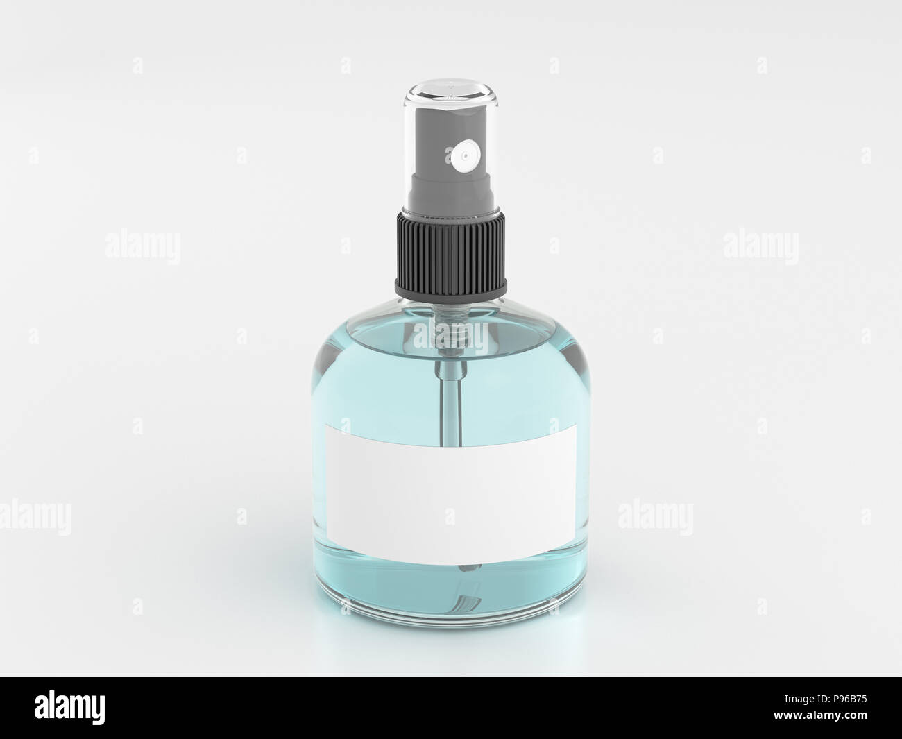 Profumo la bottiglia spray di liquido ciano isolati su sfondo bianco. 3D render mockup Foto Stock