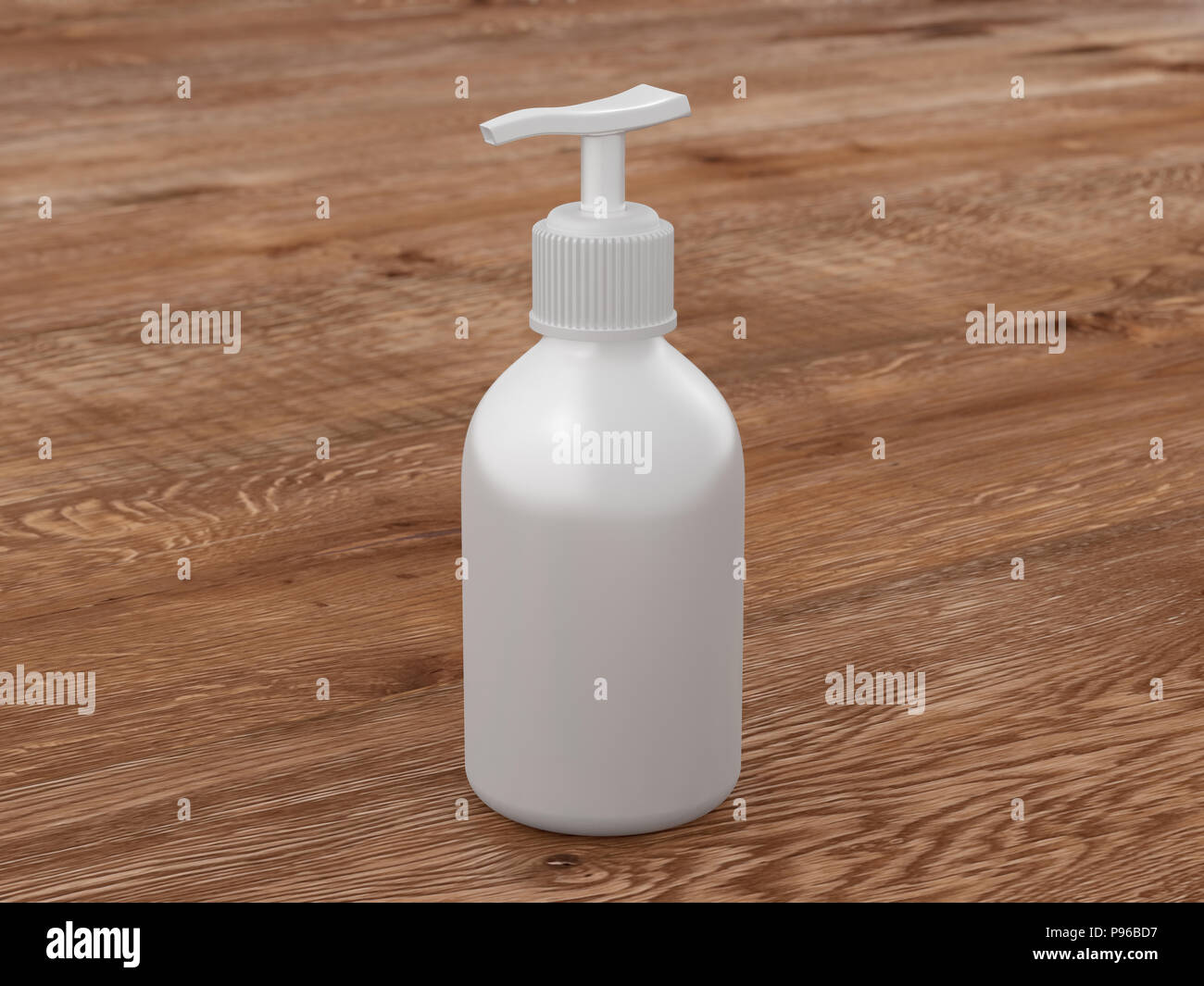 Schermata bianca vuota lozione cosmetica Flacone con pompa mockup isolata su uno sfondo di legno. Includere il percorso di clipping. 3D render Foto Stock