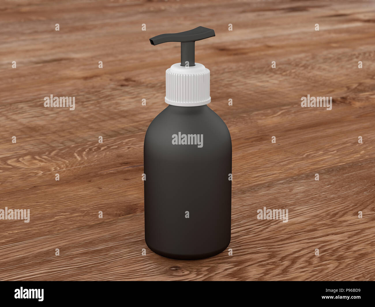 Bianco nero Lozione cosmetica bottiglia isolata su uno sfondo di legno con pompa mockup. Includere il percorso di clipping. 3D render Foto Stock