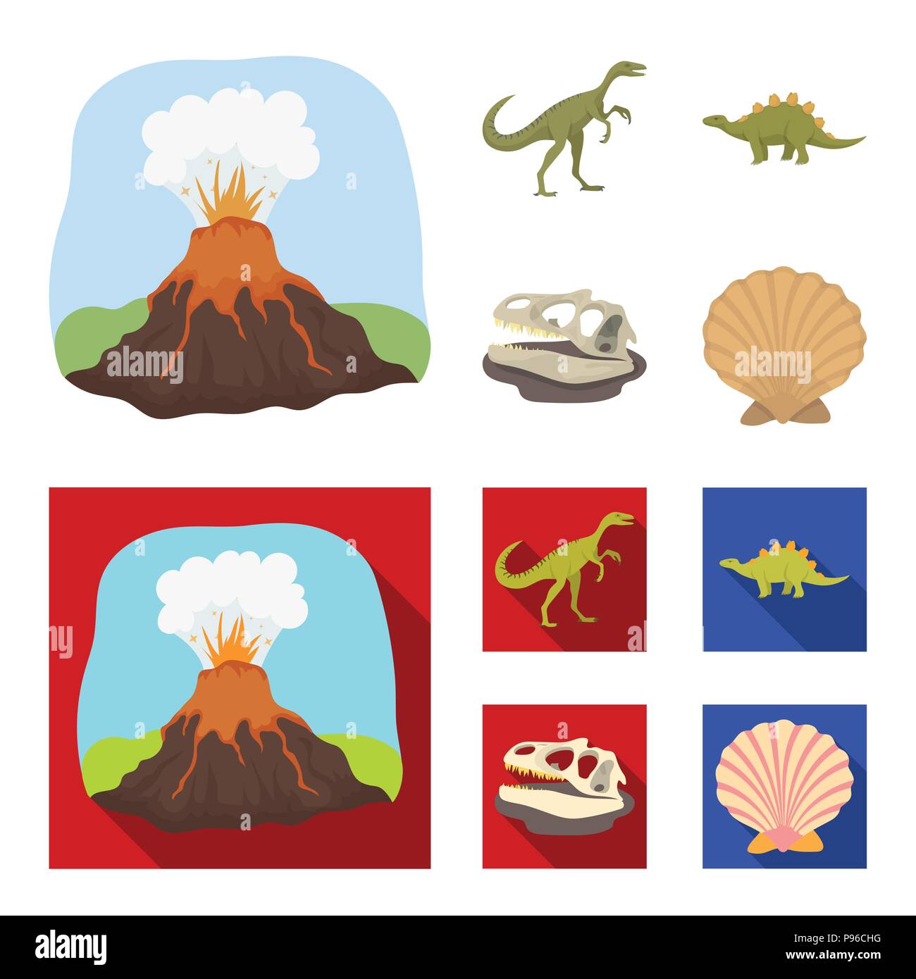Eruzione vulcanica, gallimimus, stegosaurus,teschio di dinosauro. Dinosauro e periodo preistorico set di icone di raccolta in cartoon,stile piatto simbolo vettore st Illustrazione Vettoriale