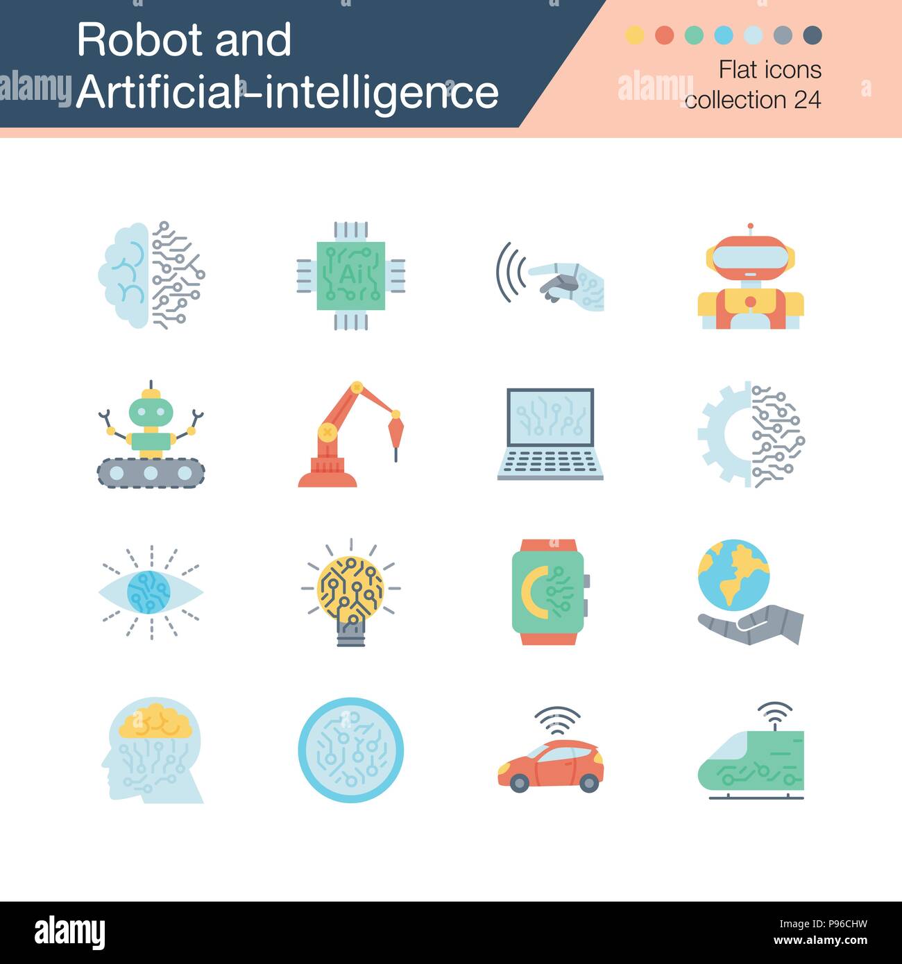 Robot e artificiale icone di intelligence. Design piatto 24 di raccolta. Per la presentazione, la progettazione grafica, l'applicazione mobile, web design, infographics. Ve Illustrazione Vettoriale