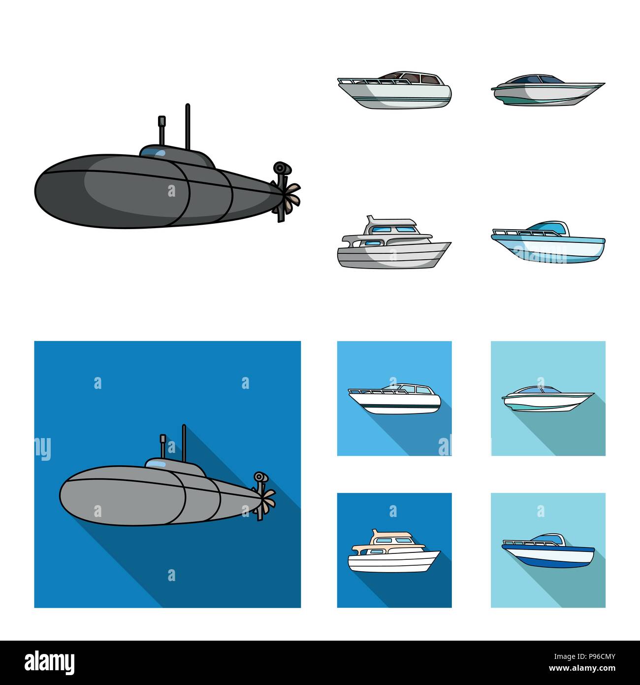 Un sottomarino militare, un motoscafo, una barca di piacere e uno spirito  barca.di navi e di trasporto di acqua set di icone di raccolta in  cartoon,in stile appartamento symbo vettore Immagine e