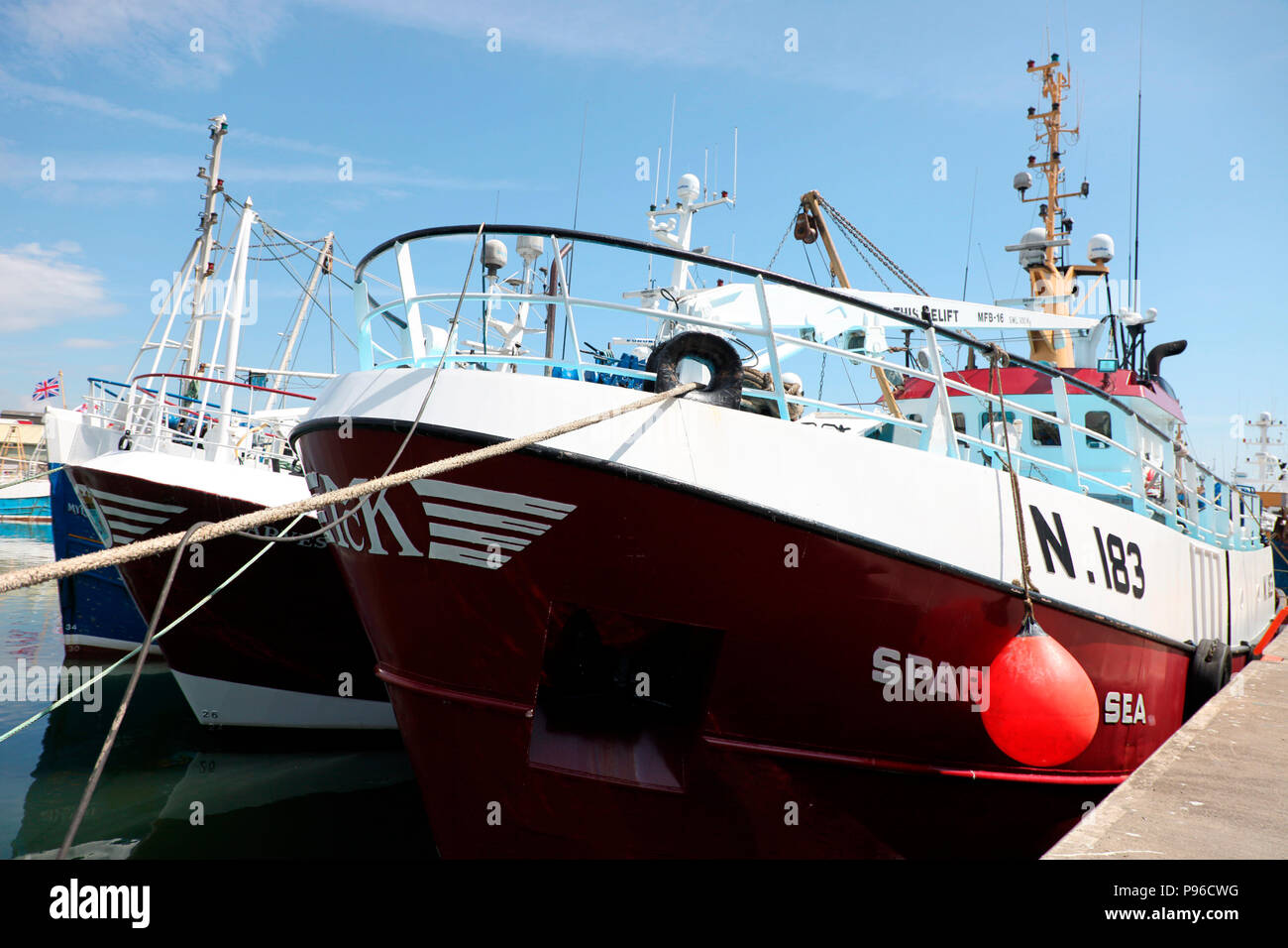 Un mare scintillante peschereccio a Kilkeel Harbour, County Down Foto Stock