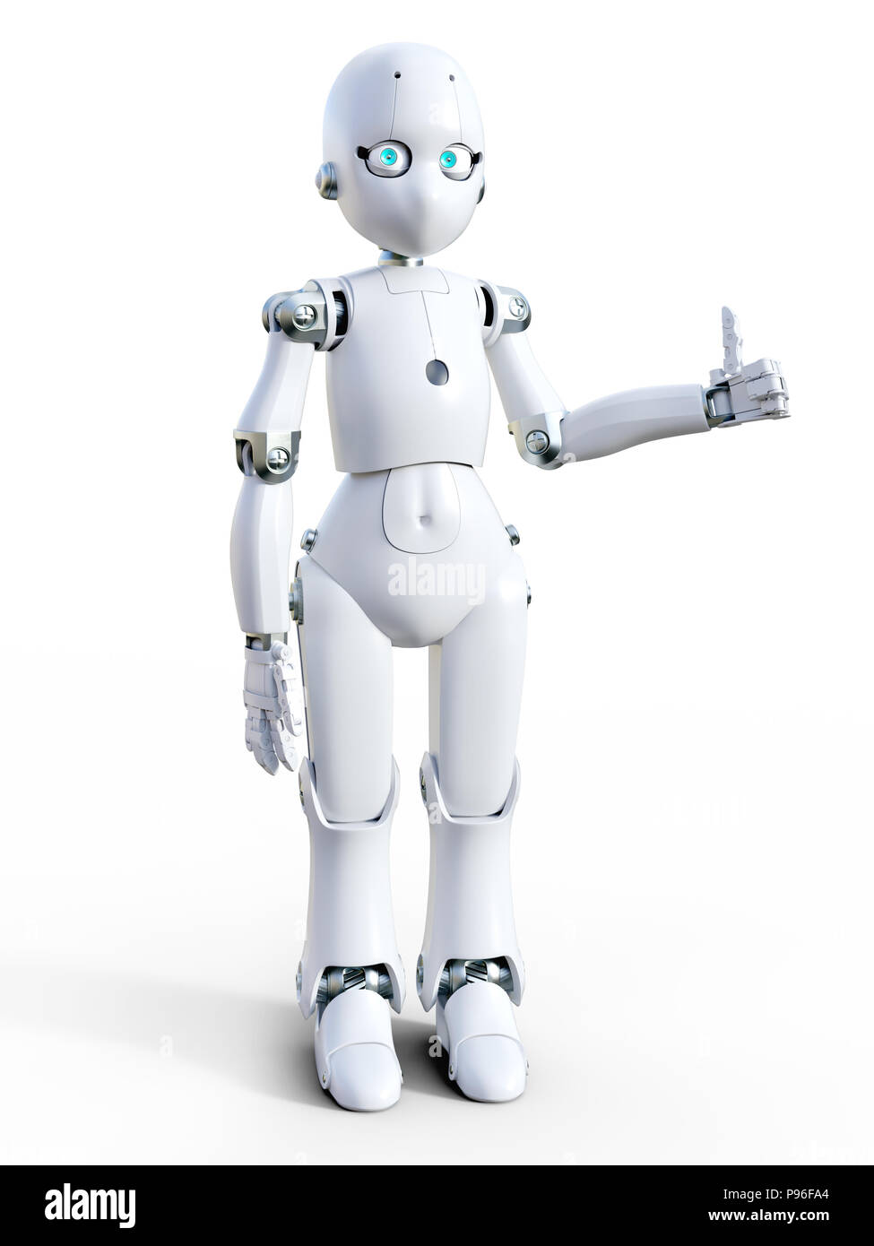 3D rendering di un bianco friendly cartoon robot facendo un pollice in alto. Sfondo bianco. Foto Stock