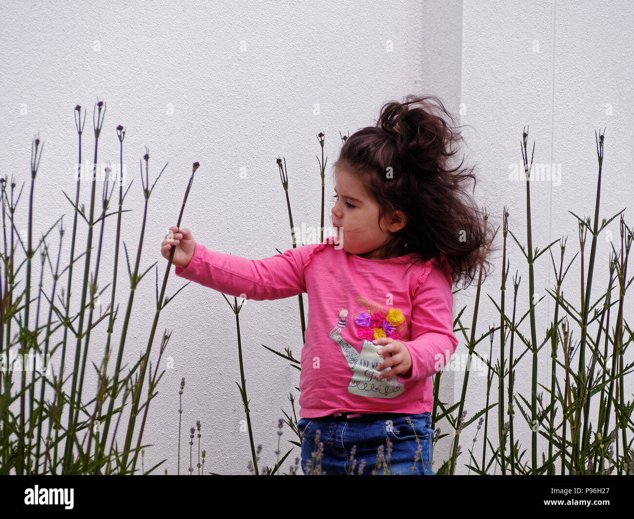 White bambina con grandi capelli,, 2018 Robert Taylor/Alamy Live News. Newquay, Cornwall, Regno Unito. Foto Stock