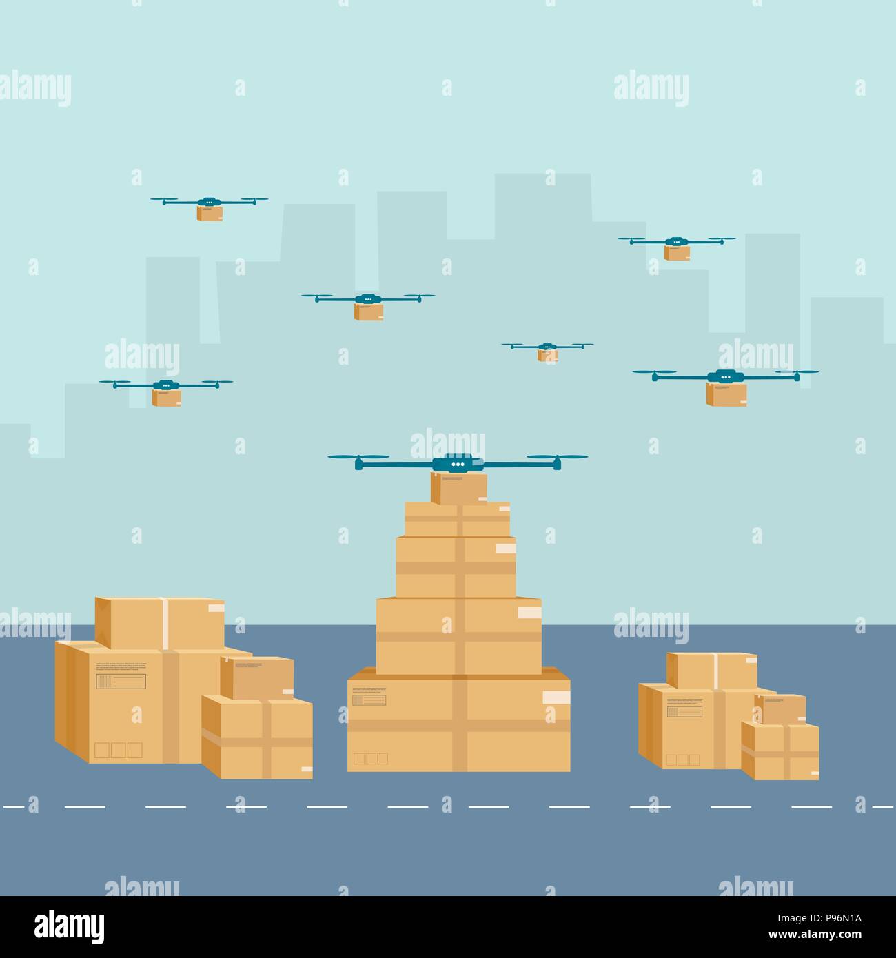 Logistica e icona di consegna servizio di elicottero con pacchetto sulla città sullo sfondo. Servizio postale drone creative design. Vettore illustrazione piana. Illustrazione Vettoriale