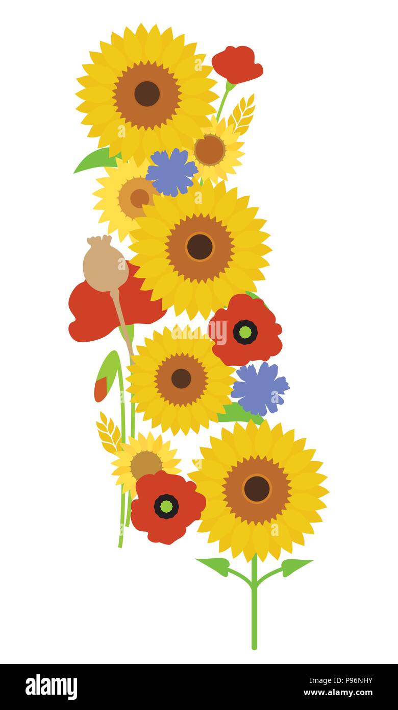 Bouquet di fiori di girasole, semi di papavero e poppyhead, con chicco di grano - vettore Illustrazione Vettoriale