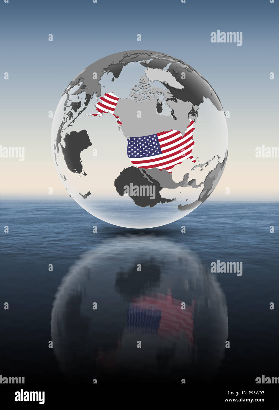 Stati Uniti d'America con bandiera sul mappamondo trasparente sopra  l'acqua. 3D'illustrazione Foto stock - Alamy