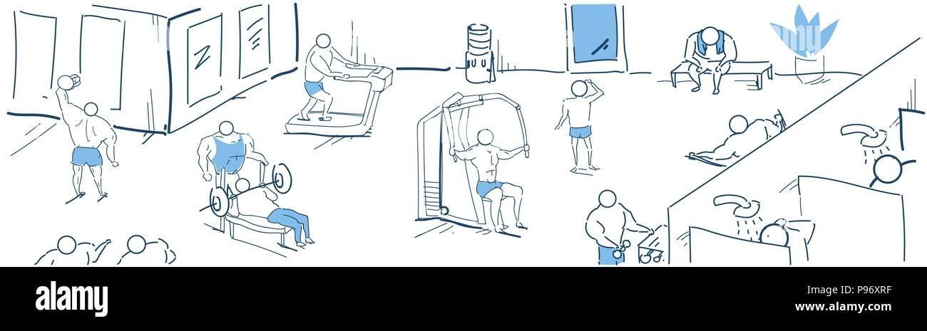 Culturisti muscolare formazione palestra di allenamento di potenza simulatori di diversità esercita il concetto schizzo doodle banner Illustrazione Vettoriale