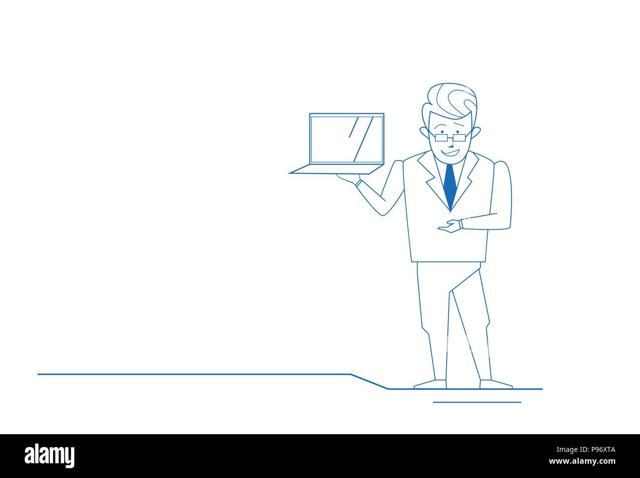 Imprenditore azienda laptop online il concetto di comunicazione business man silhouette schizzo doodle orizzontale di lunghezza completa Illustrazione Vettoriale