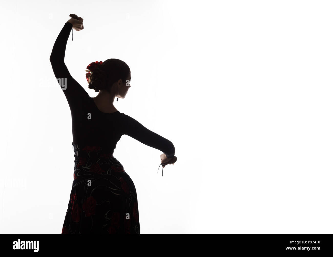 Silhouette della ragazza spagnola la ballerina di flamenco su uno sfondo luminoso. spazio libero per il testo Foto Stock