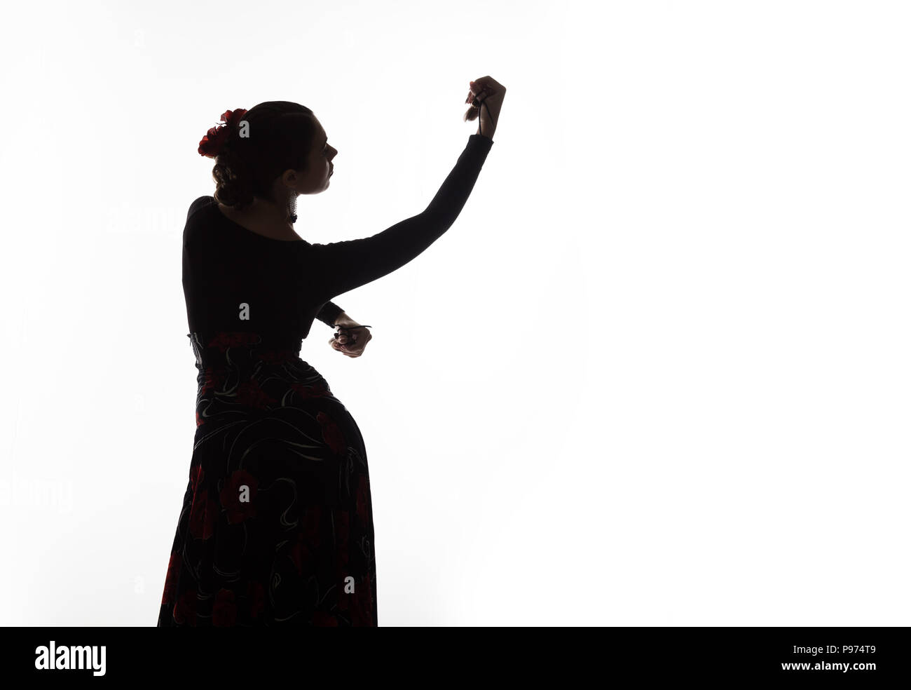 Silhouette della ragazza spagnola la ballerina di flamenco su uno sfondo luminoso. spazio libero per il testo Foto Stock