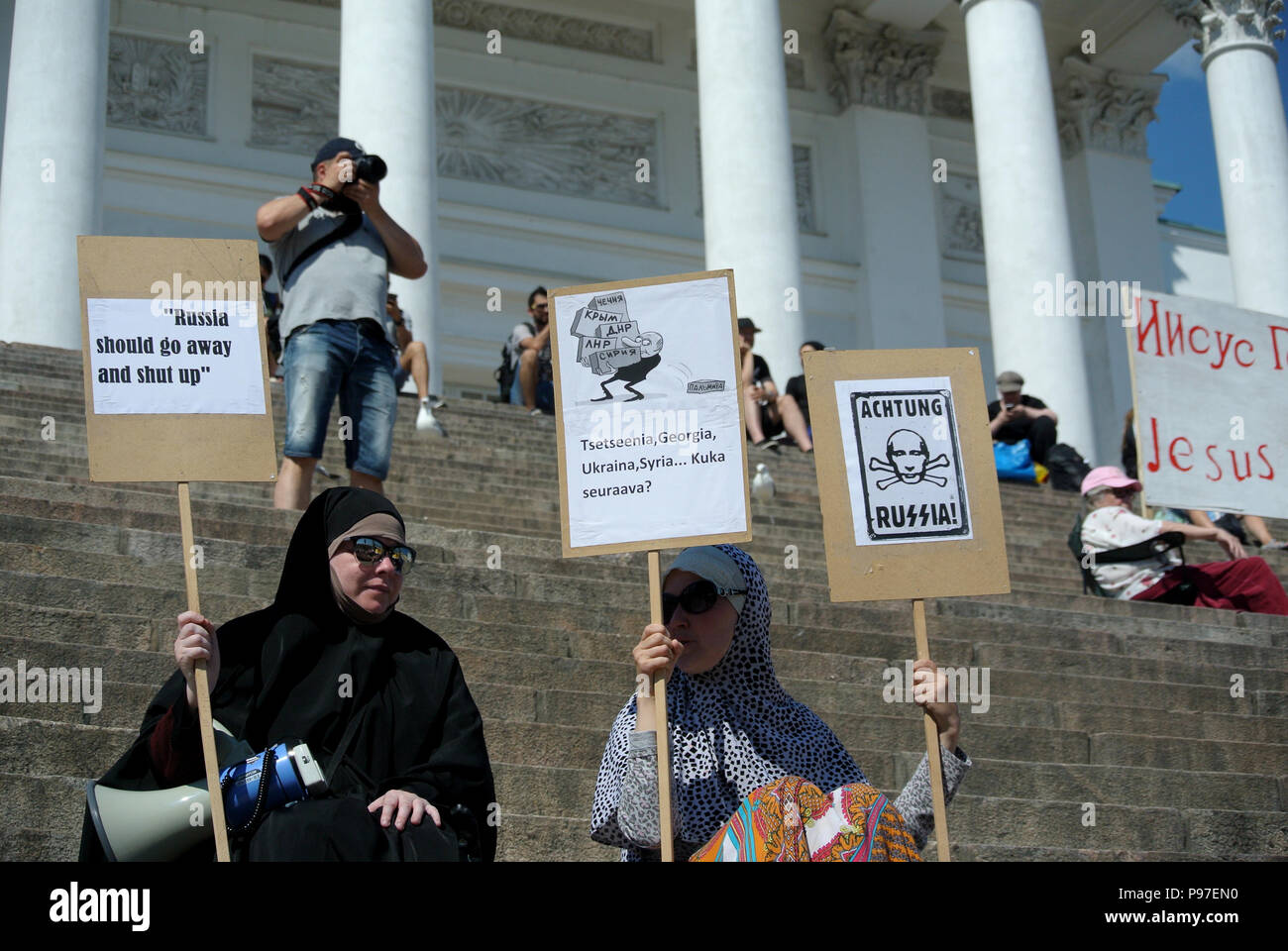 Helsinki, Finlandia. Il 14 luglio 2018. Anti Trump e Anti Putin protesta a Helsinki prima del Vertice di Helsinki 2018 Credit: S Rb/Alamy Live News Foto Stock