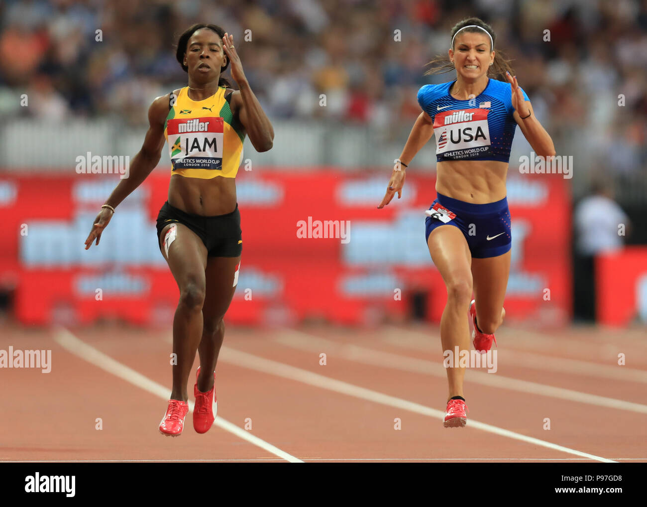 Lo stadio di Londra, Londra, Regno Unito. Il 15 luglio 2018. L Atletica World Cup, giorno 2; Jenna Prandini (USA) battaglie contro Shericka Jackson (JAM) in donne 200m Credito: Azione Sport Plus/Alamy Live News Foto Stock