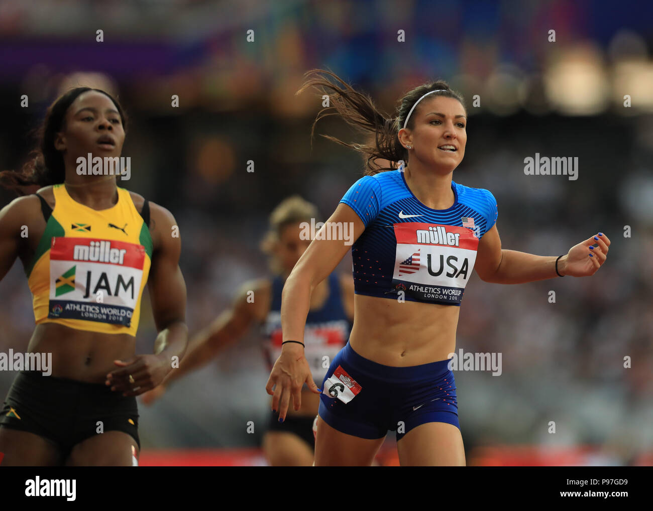 Lo stadio di Londra, Londra, Regno Unito. Il 15 luglio 2018. L Atletica World Cup, giorno 2; Jenna Prandini (USA) finisce secondo dietro a Shericka Jackson (JAM) in donne 200m Credito: Azione Sport Plus/Alamy Live News Foto Stock