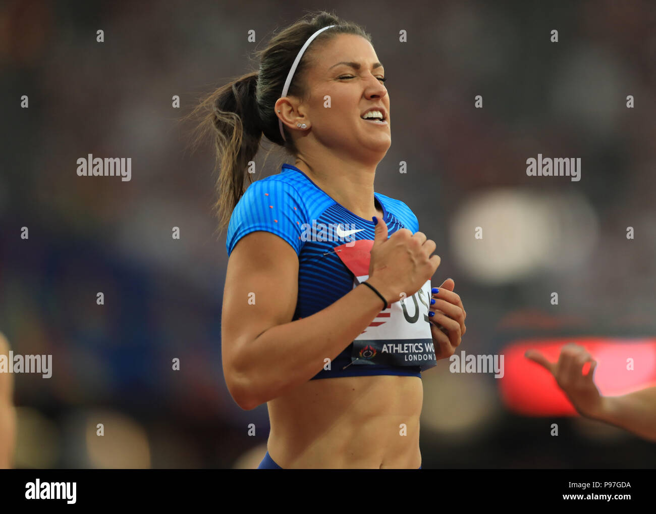Lo stadio di Londra, Londra, Regno Unito. Il 15 luglio 2018. L Atletica World Cup, giorno 2; un deject Jenna Prandini (USA) come lei finisce secondo in Donne 200m Credito: Azione Sport Plus/Alamy Live News Foto Stock