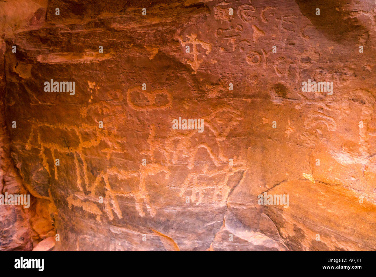 Close up petroglyph incisioni rupestri, Khaz'ali Canyon, Wadi Rum vallata desertica, Giordania, Medio Oriente Foto Stock