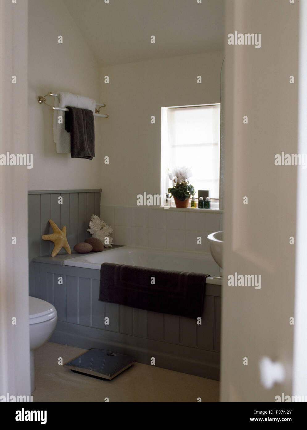 Le scale accanto al bagno con linguetta e scanalatura boiserie in un paese moderno bagno Foto Stock