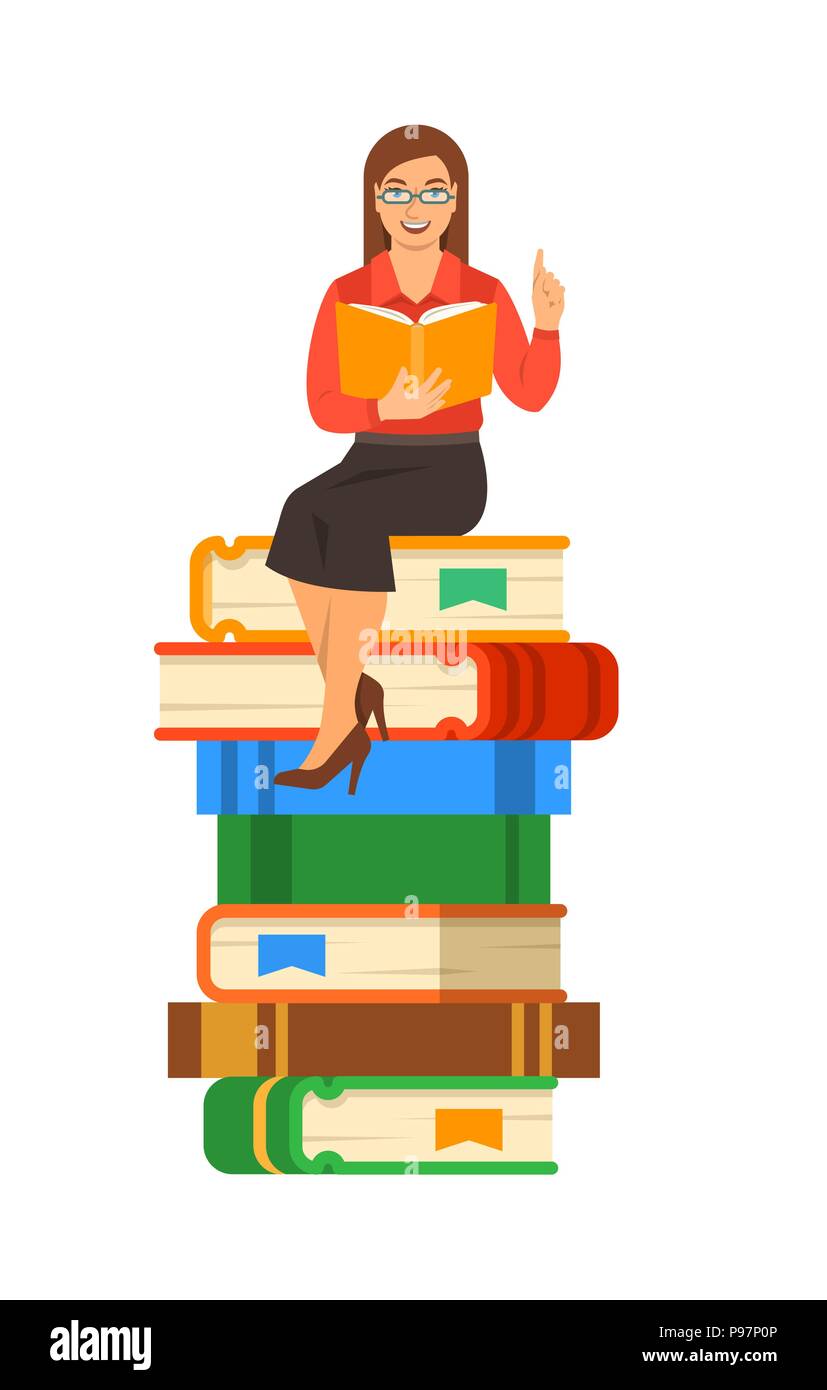 Giovane donna insegnante legge apri libro seduti sulla pila di libri giganti. Scuola Educazione nozione. Vettore illustrazione del fumetto. Abile esperto condivide knowl Illustrazione Vettoriale