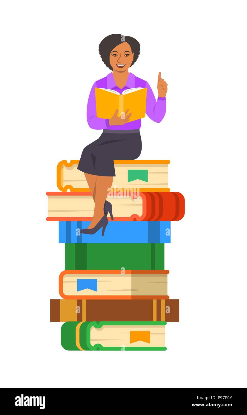 Giovane donna nera insegnante legge apri libro seduti sulla pila di libri giganti. Scuola Educazione nozione. Vettore illustrazione del fumetto. Intelligente quote di esperti Illustrazione Vettoriale
